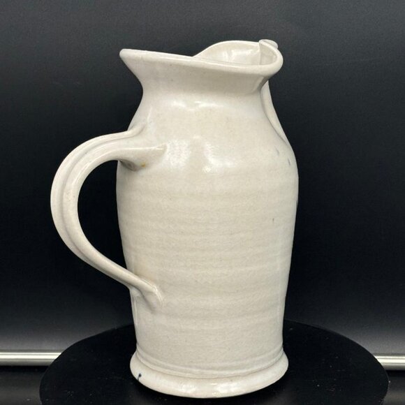 Vintage Pottery Hand Turned Salt Glaze Blue Leaf Pitcher Vase 7.5" - Picture 9 of 12